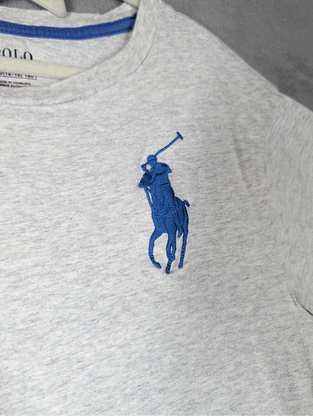 Polo Ralph Lauren Boys Large Gray Blue Big Pony Short Sleeve T Shirt Cotton Logo